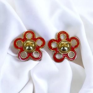 Vintage 1980’s Monet Red Enamel Flower Earrings Pierced Signed